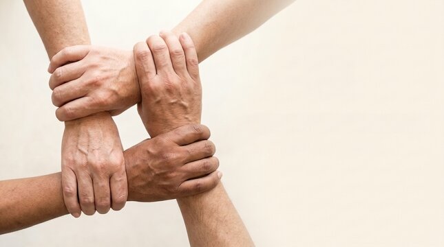 Diverse hands interlocking together representing unity, teamwork, and community support.