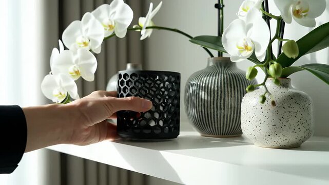 A hand holding a perforated black cylindrical speaker beside blooming white orchids on a sunny windowsill