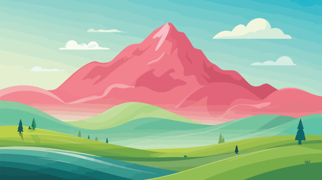 Vibrant pink mountain dominating rolling green hills under a clear blue sky with white clouds