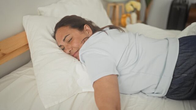 Woman sleeping on bed with cheek on pillow and arm exposed in a bedroom, smiling with closed eyes; serenity.