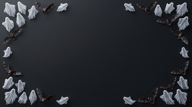 Halloween frame with white ghost and black bat decorations on a dark black background