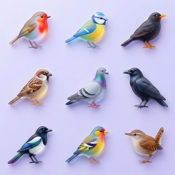 Cute colorful backyard birds collection featuring garden bird illustrations on a purple background