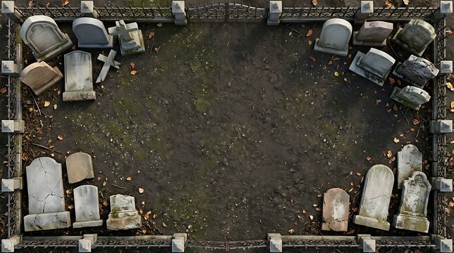Aerial view of an old cemetery with gravestones forming a natural frame for copy space.