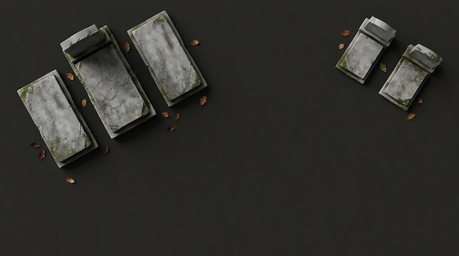 Top view of weathered stone tombstones on dark ground for Halloween graveyard background