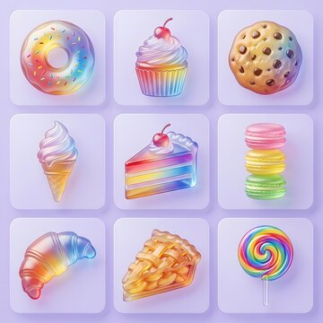 Vibrant 3D rainbow glassmorphic dessert icons set featuring donut cupcake macaron and cake
