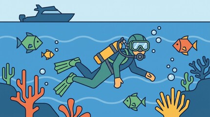 Naklejka premium Scuba Diver Exploring Underwater Coral Reef with Boat Vector Illustration