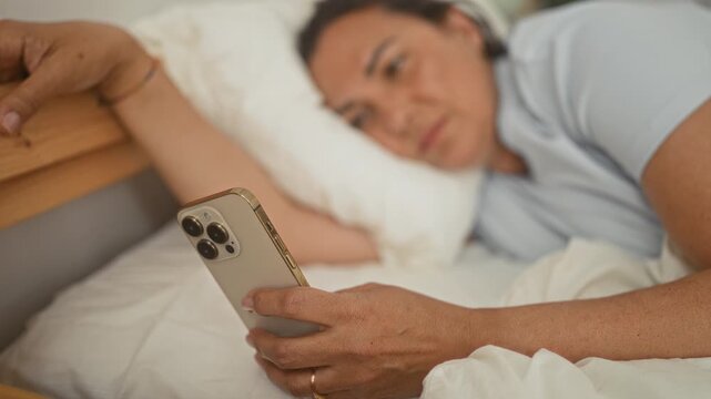 Woman holding smartphone in hand and looking at screen while lying on bed in building; tired solitude.