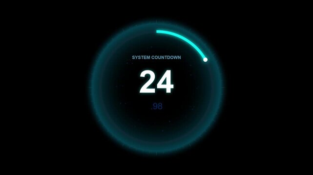 Futuristic system countdown timer with neon blue circle. Sci-fi HUD element for technology and gaming videos.