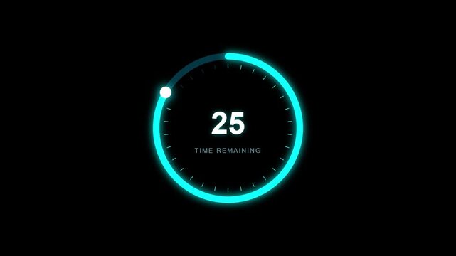 Futuristic digital countdown timer. Neon cyan circular progress bar on black background. Modern HUD clock interface.