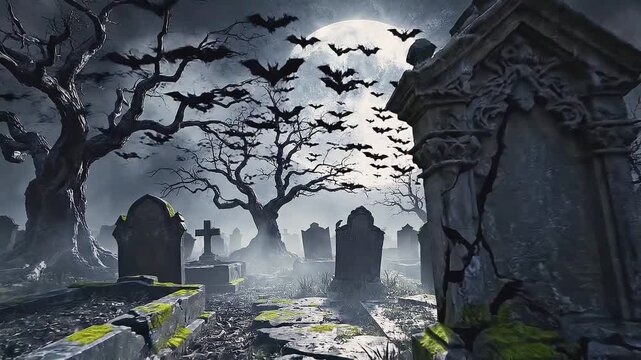 Vista nocturna e hiperrealista de un antiguo cementerio bajo la luna llena, con densa niebla y murci&eacute;lagos sobrevolando las tumbas en una noche de Halloween.