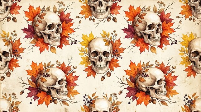 Seamless pattern with human skulls and autumn leaves