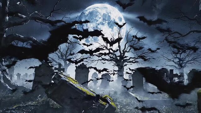 Vista nocturna e hiperrealista de un antiguo cementerio bajo la luna llena, con densa niebla y murci&eacute;lagos sobrevolando las tumbas en una noche de Halloween.
