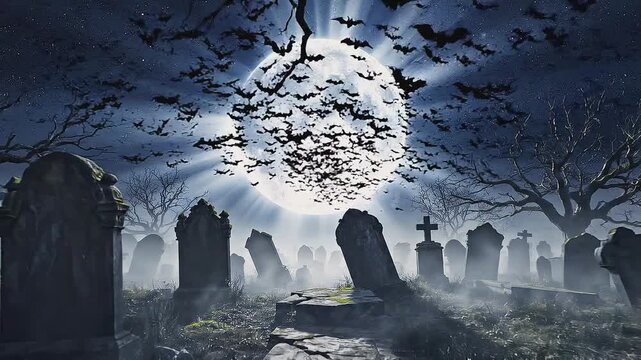 Vista nocturna e hiperrealista de un antiguo cementerio bajo la luna llena, con densa niebla y murci&eacute;lagos sobrevolando las tumbas en una noche de Halloween.