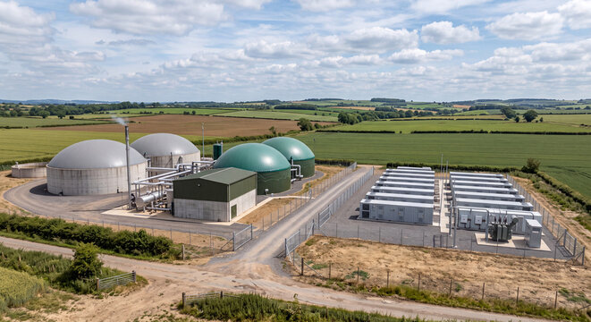 BESS Battery Energy Storage System with Biogas Plant nearby on Rural Landscape.