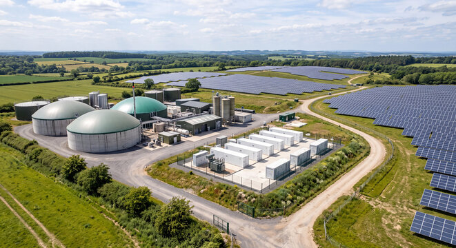 BESS Battery Energy Storage System with Biogas Plant with nearby Solar Farm. Power of the Future. 