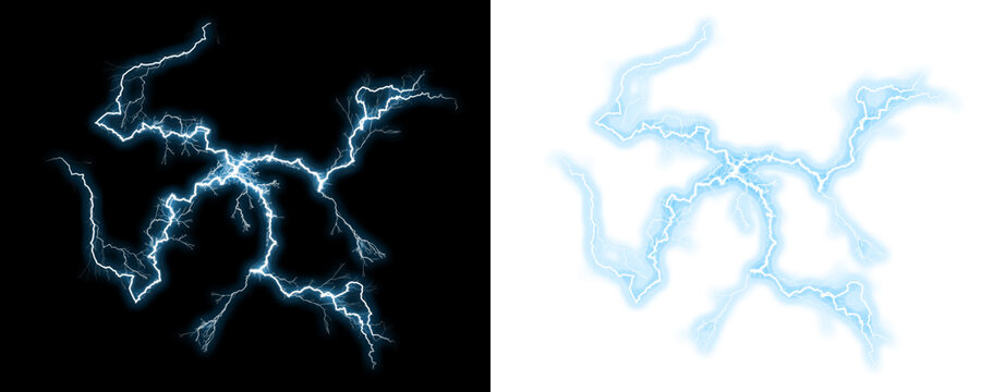 Powerful electric lightning bolt with bright blue energy striking across isolate on transparent background, PNG