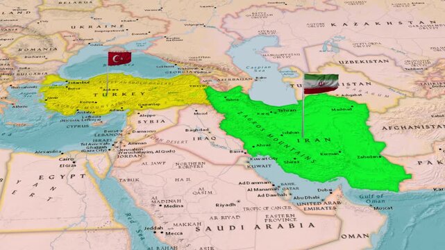 Turkey And Iran Countries Map Middle East Region Animation