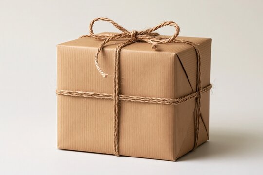 A brown paper wrapped gift box tied with twine
