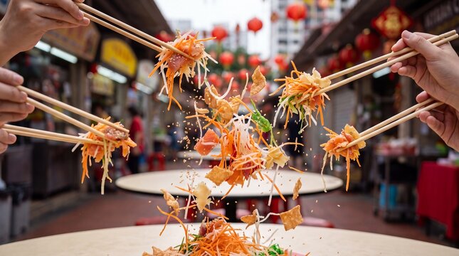 Hands using chopsticks for Lo Hei, tossing yusheng salad for good fortune during Chinese New Year celebrations