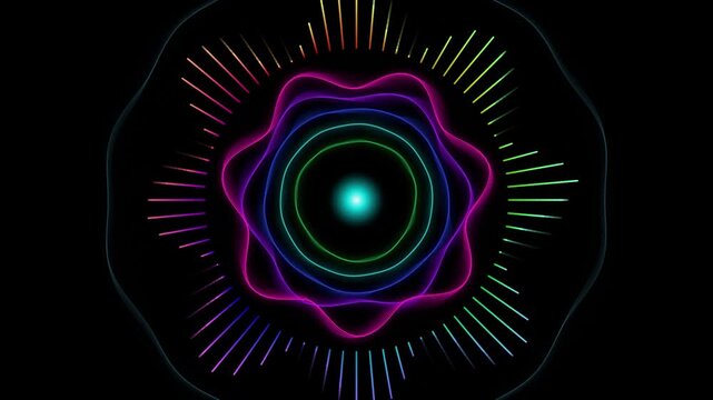 Circular audio spectrum visualizer, rainbow neon sound wave frequency, digital music equalizer animation on black background