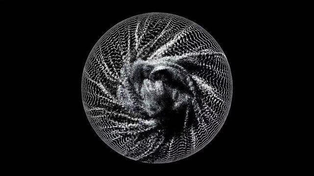 Circular Particle Vortex Graphic.A circular outline on black background, filled with wavy lines and particle noise, fragmented textures radiate from center.