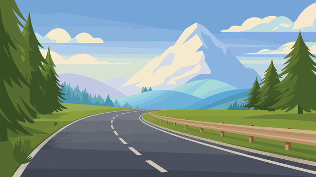 Winding road leads towards majestic mountain peaks under clear blue sky with green trees