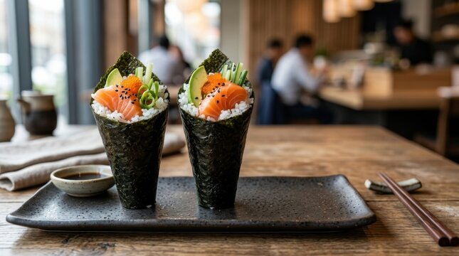 Two Hand-Rolled Temaki Sushi Cones with Salmon and Avocado on a Black Plate