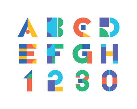 Geometric Alphabet Forms, bright flat vector icon set featuring circle modules, triangles, squares, semicircles, angular letterform symbols, number-like marks, modular tiles, geometric construction