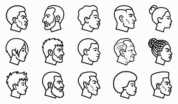 Vector illustration set featuring a diverse collection of human head profiles in a clean black and white line art style
