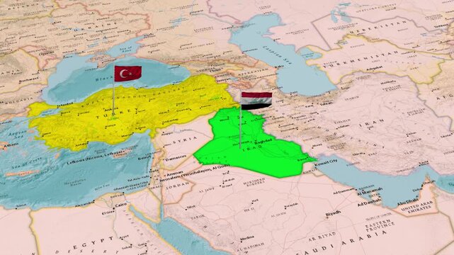 Turkey And Iraq Countries Map Middle East Region Animation