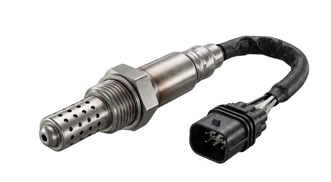 Vehicle exhaust gas oxygen sensor with a multi-pin connector rests on a clean transparent surface.