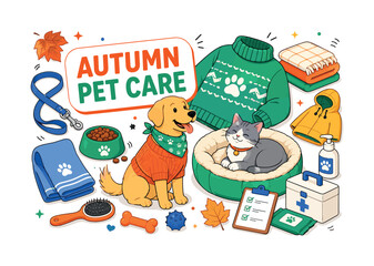 Fototapeta premium Autumn Pet Care. A clean editorial banner showing a dog and cat receiving seasonal care at home, with an oversized pet sweater and cozy bed as the main objects, plus leash, food bowl, towel, brush,
