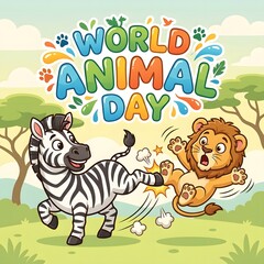 Fototapeta premium World animal day celebration with cartoon zebra and lion