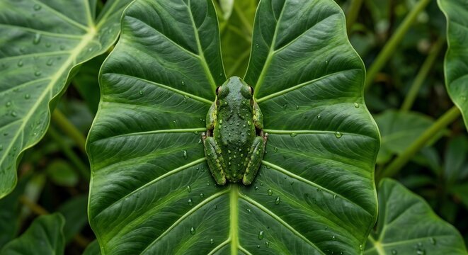 Tiny green frog resting on a giant wet tropical leaf in the rainforest