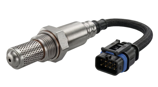 Automotive oxygen sensor with wiring harness and connector lies isolated on a solid transparent background.
