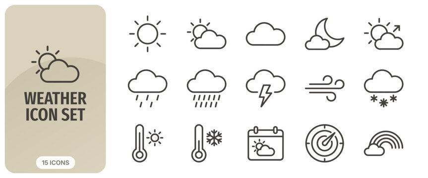 Set of 15 simple outline weather icons including sun, clouds, rain, snow, wind, thermometer, and rainbow, vector illustration for meteorology and forecast
