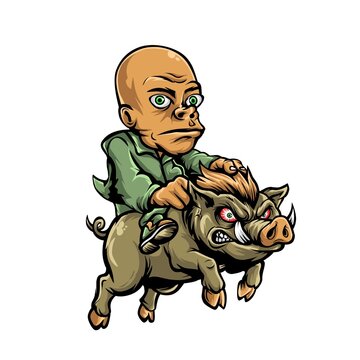 Bald Man Riding Angry Boar Cartoon Illustration