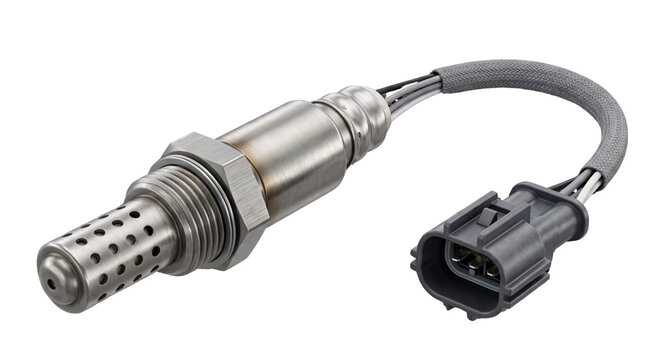 Metal lambda sensor probe for car emission control is isolated on transparent background.