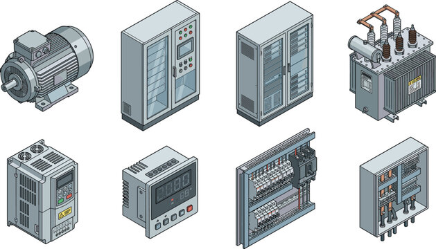 Isometric Industrial Electrical Components Including Motor, Transformer, Control Cabinet, and Busbar System