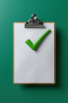 Centered wooden clipboard with blank paper and green checkmark on teal background for approval design background poster banner wallpaper