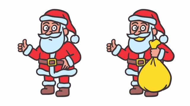 Santa Claus holding bag of gifts and shows thumbs up. Alpha channel. Frame by frame animation