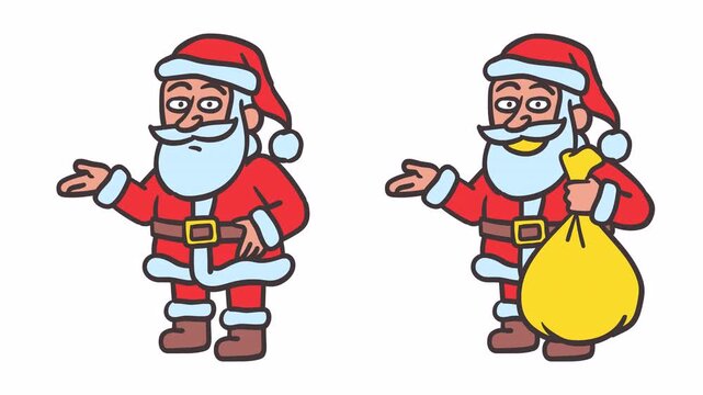 Santa Claus holding bag of gifts and points with his hand. Alpha channel. Frame by frame animation