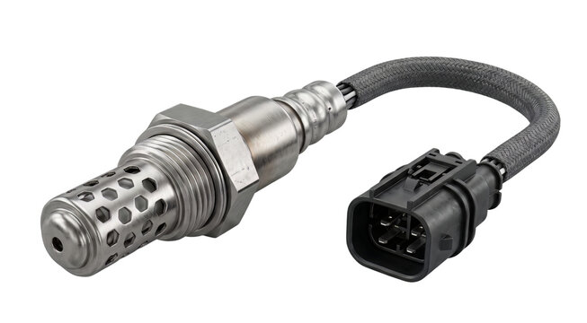 Oxygen sensor with electrical wiring harness is isolated on a transparent background.