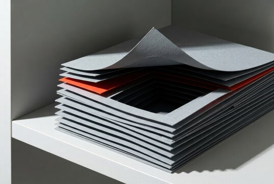Layered Paper Swatches with Orange Accent on Shelf