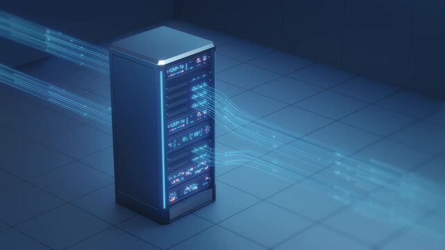 A futuristic server rack stands in a blue-lit data center, actively processing digital data. Bright blue light streams illustrate high-speed network connections and global information flow,