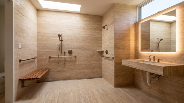 Modern Accessible Bathroom with Travertine Walls and Walk in Shower