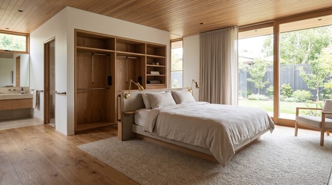 Minimalist Master Bedroom with Wooden Wardrobe and Garden View