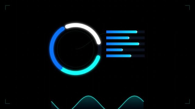 Futuristic HUD interface with circular loading progress bar. Neon blue digital data dashboard. Sci-fi infographic elements for technology video.