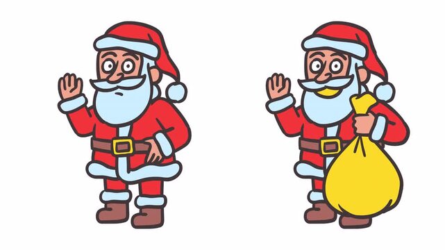 Santa Claus holding bag of gifts and waving his hand. Alpha channel. Frame by frame animation
