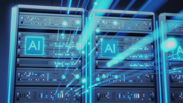 Multiple server racks with prominent Artificial Intelligence symbols are actively processing data. Vibrant blue light trails represent fast network connections and digital information flow